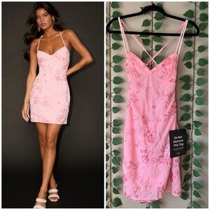 Lulu's Pink Sequin Beaded Lace-Up Mini Dress